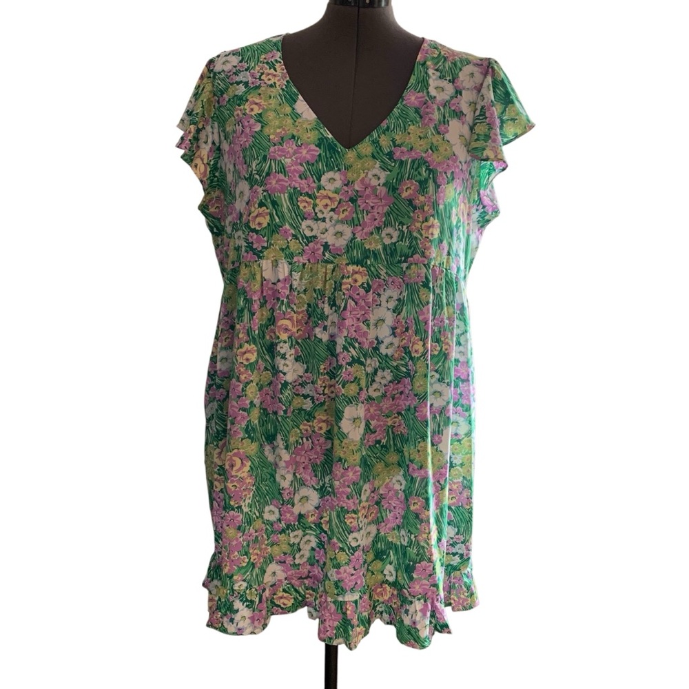 JODIFL Green Floral Ruffle Cap Sleeve Ruffle Hem Dress Size 2X